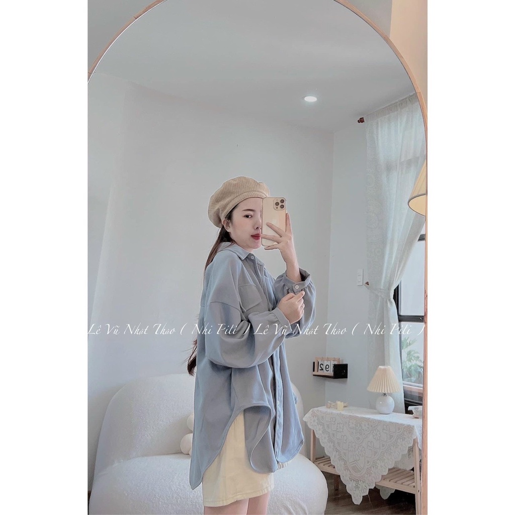 Áo sơ mi nhung vạt bầu dáng rộng tay bồng, áo sơ mi nhung tăm phom thụng đuôi tôm