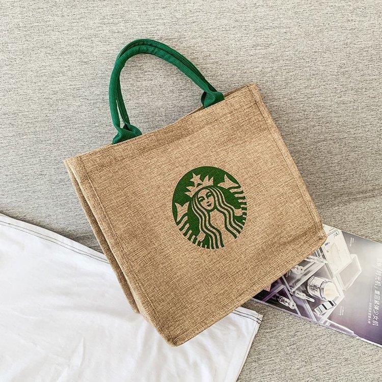 Túi Đựng Mỹ Phẩm Bằng Vải Canvas Cỡ Lớn In Logo Starbucks Tiện Dụng Mang Theo Du Lịch