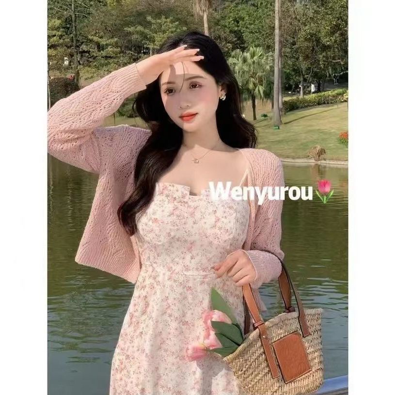 Bộ Áo Cardigan Hai Dây In Hoa + Chân Váy Lưng Cao Thời Trang Mùa Hè 2022