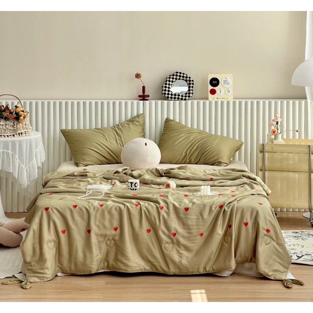 Chăn tencel thêu tim kèm nơ cao cấp, chăn đắp hè thêu tim tencel mềm mịn kích thước 2mx2m3 MỚI