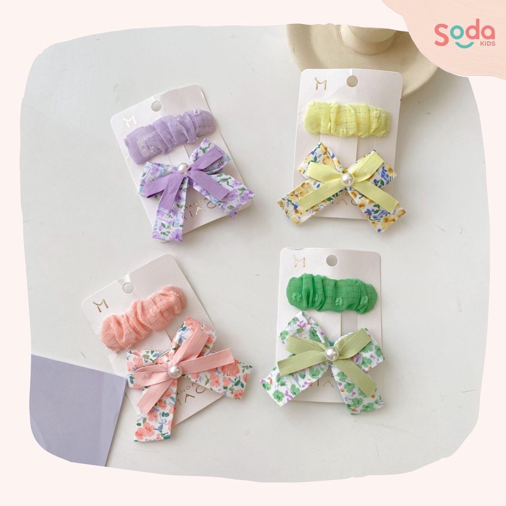 Set kẹp tóc bé gái SODA KIDS kẹp bấm vải nhún và kẹp nơ hoa nhí đính ngọc xinh xắn, dễ thương