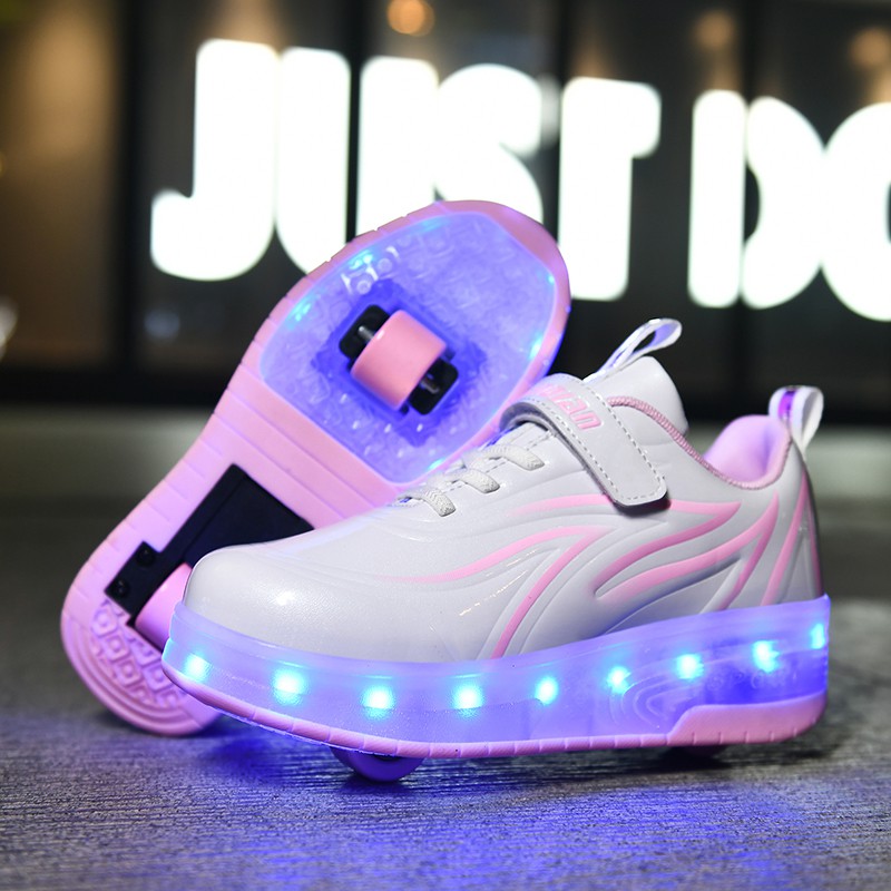 Giày trượt patin YOZOH thiết kế hai bánh tích hợp đèn LED thời trang năng động size 28-40