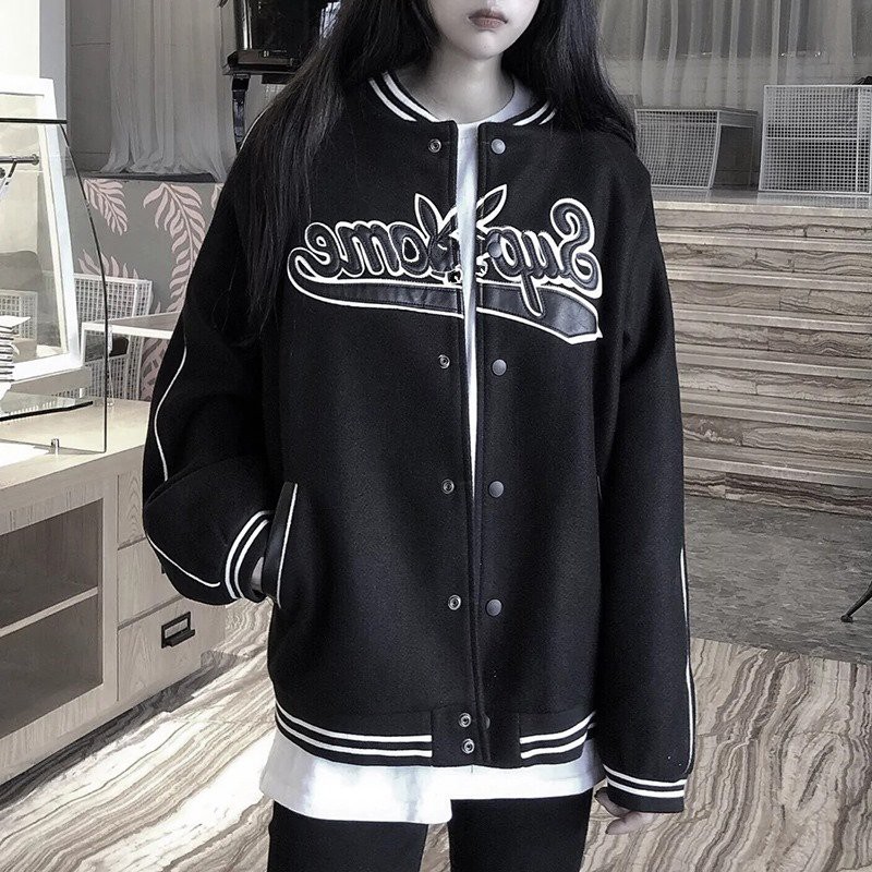 Áo khoác bomber super nam nữ giá rẻ khỏe khoắn thời trang/ áo bomber 2 sọc cúc bấm rabbit màu đen unisex | BigBuy360 - bigbuy360.vn