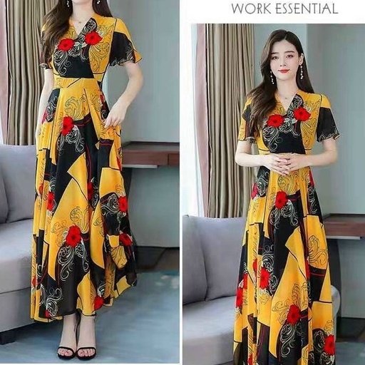 Váy Đi Biển - Đầm Maxi Dáng Dài Cổ V Họa Tiết Voan Lụa Quảng Châu Cao Cấp Siêu Sang