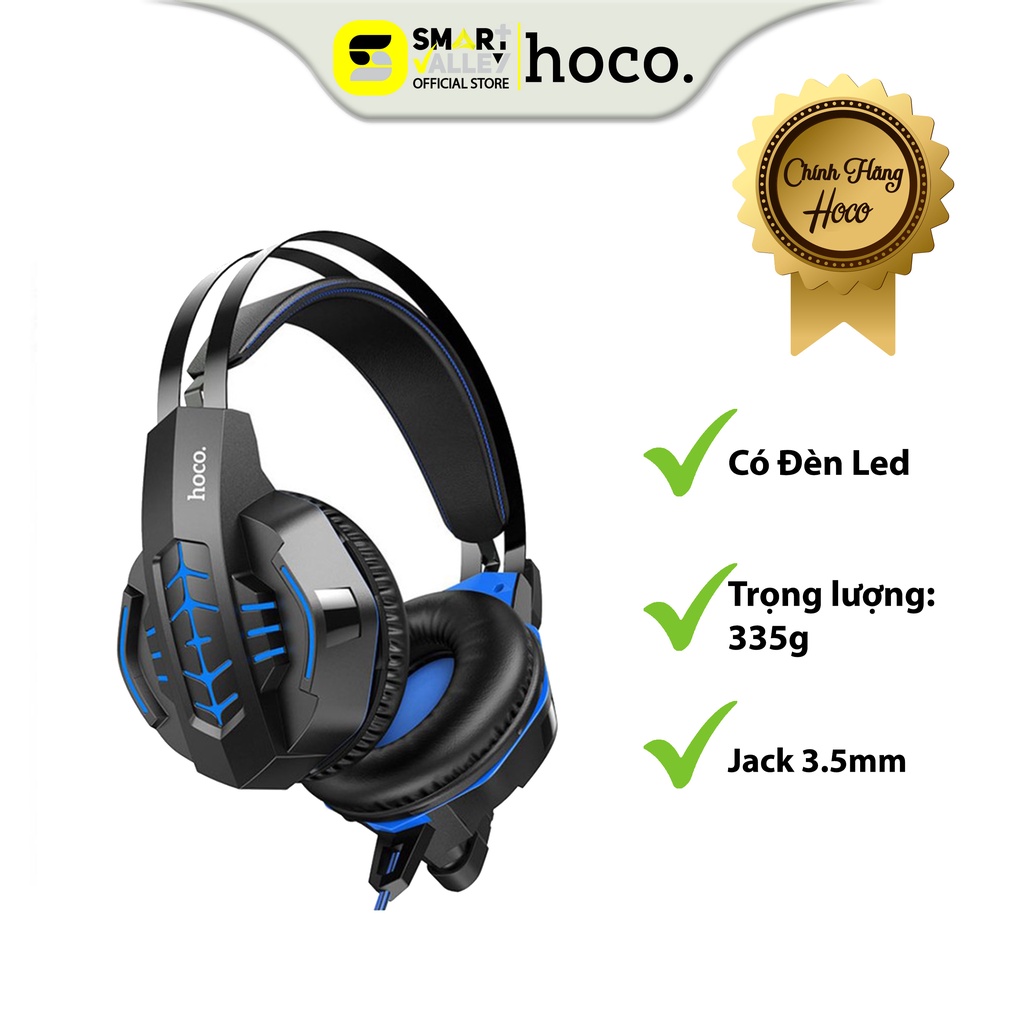 Tai Nghe Chụp Tai Hoco W102 Có Mic Đàm Thoại, Có Đèn LED, Mút Đệm Chống Ồn, Tích Hợp 2 Cổng Cắm 3.5mm+USB-A.