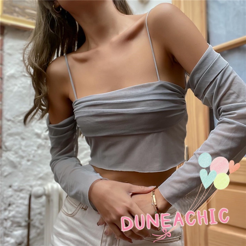 DUNEA Áo Croptop Tay Dài Trễ Vai Phối Lưới Phong Cách Quyến Rũ