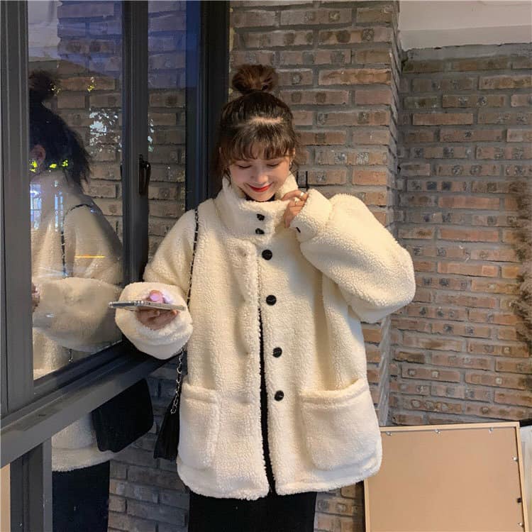 Áo khoác lông cừu dày dặn thời trang thu đông ulzzang ,Áo lông 2 lớp siêu ấm màu trắng 1 hàng cúc - MET SHOP