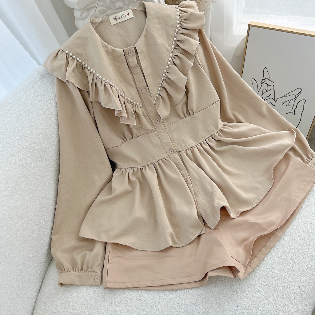 SET ÁO PEPLUM NUDE CỔ BÈO BO EO + SHORT