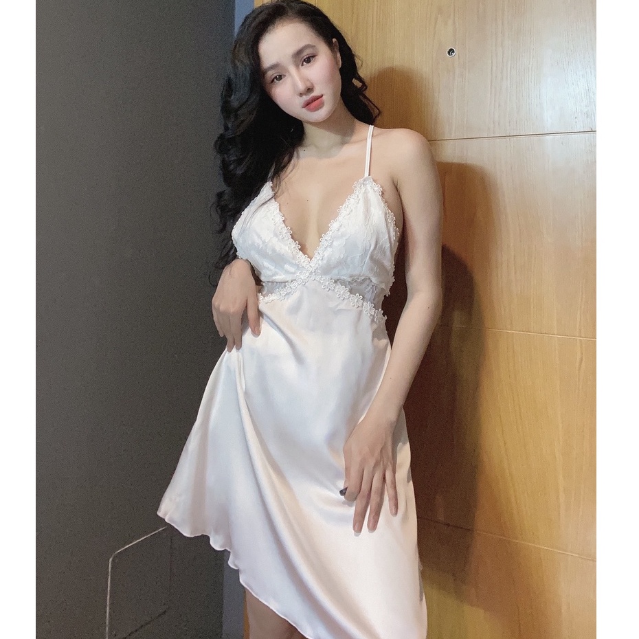 Đồ ngủ sexy / Đầm ngủ 2 dây chéo lưng phối ren siêu gợi cảm, chất liệu lụa satin cao cấp mịn mát, freesize dưới 65kg Sex | BigBuy360 - bigbuy360.vn