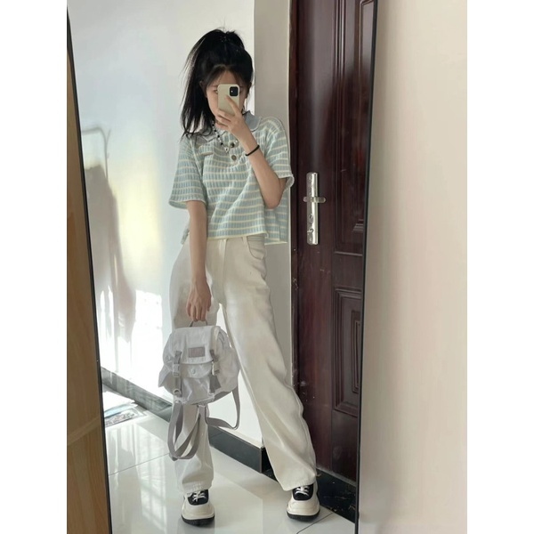 Áo kiểu polo NZN dệt kim tay ngắn dáng rộng họa tiết kẻ sọc thời trang mùa hè đơn giản dành cho nữ