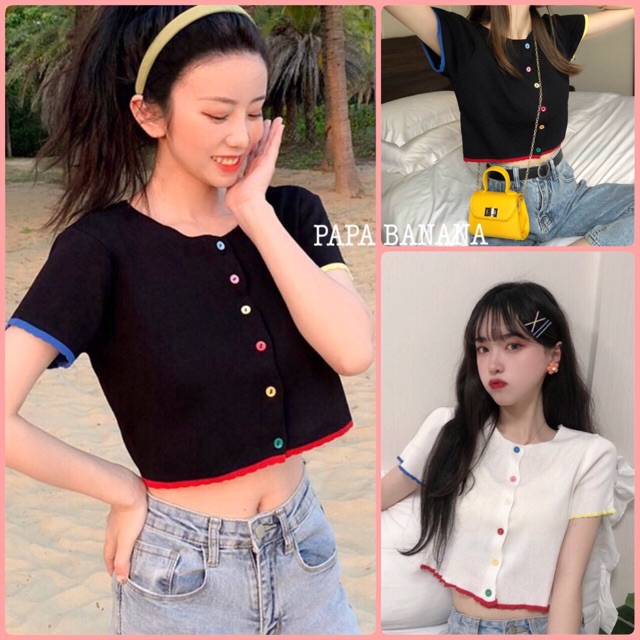 [Mã WASTUP giảm 10% tối đa 30K đơn 99K] Áo thun giấy croptop Ulzzang cúc nhiều màu phối viền