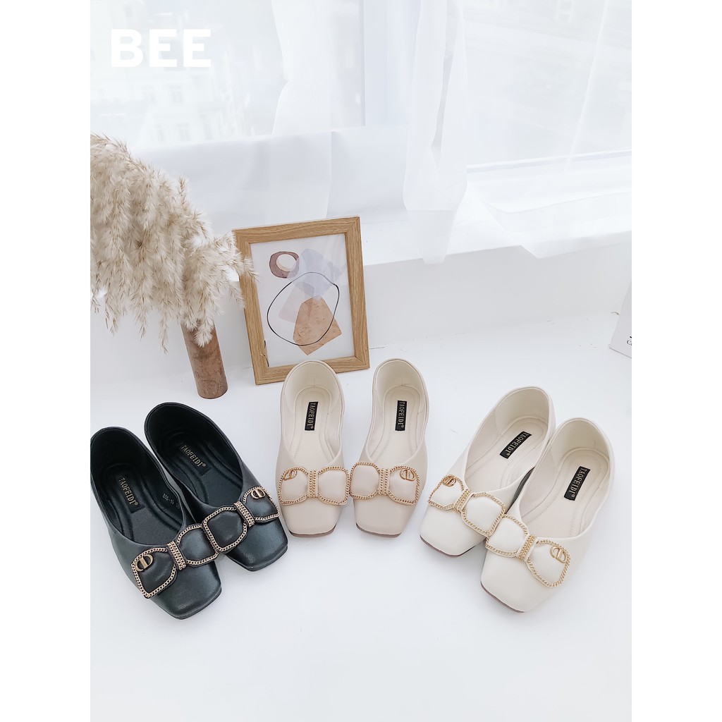 BEESHOES - GIÀY BÚP BÊ MŨI VUÔNG DA MỀM SIÊU ÊM - GIÀY BÚP BÊ THỜI TRANG ĐẾ BỆT SIÊU ÊM MÀU ĐEN-KEM-BE