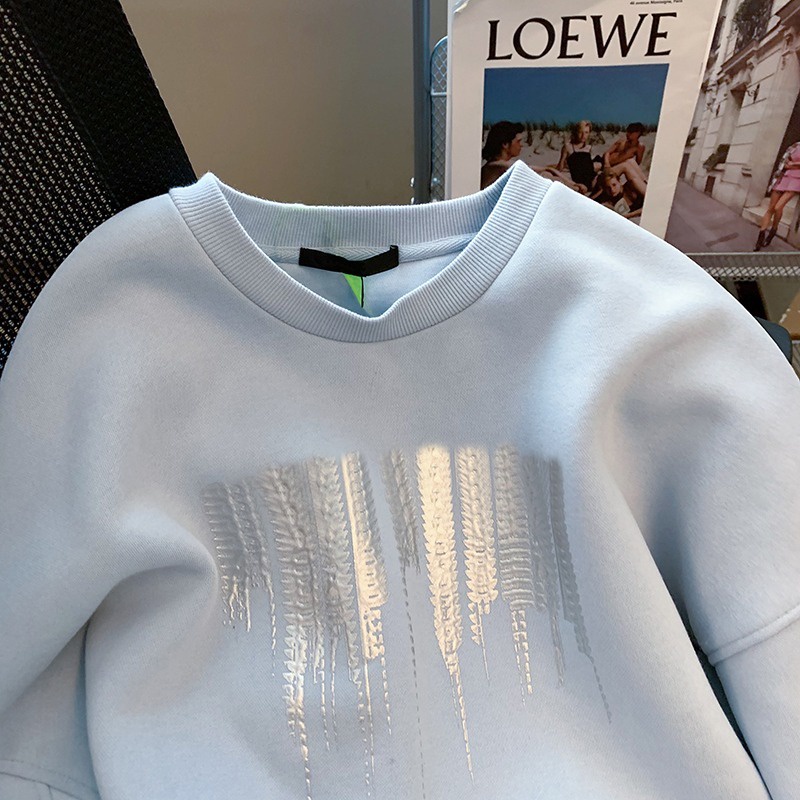 Mới Áo hoodie Nữ Cổ Tròn Dáng Rộng Màu Xanh Dương