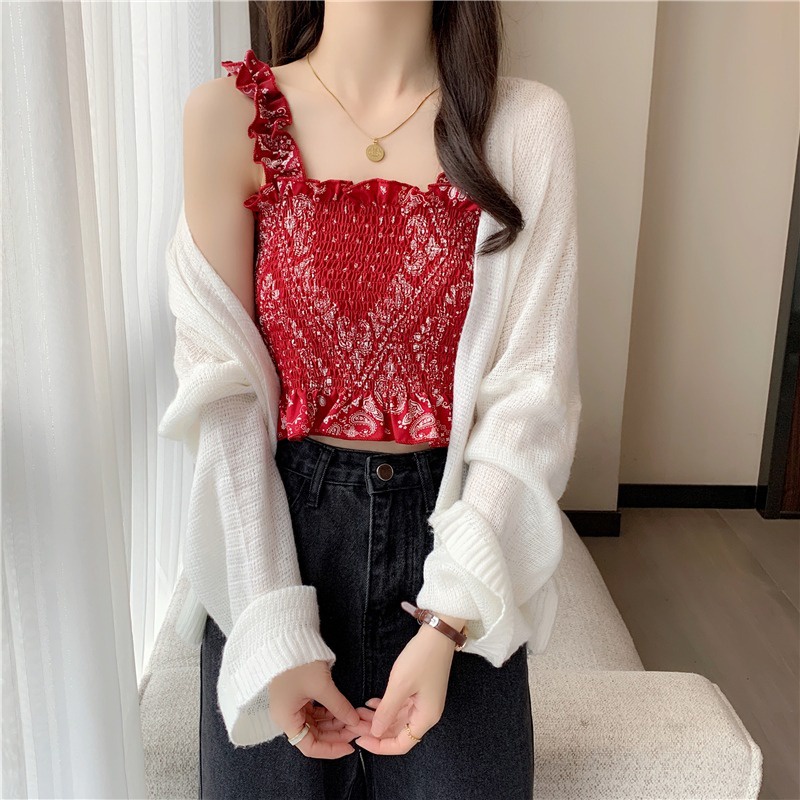 Áo Tank Top Phối Bèo Hoạ Tiết In Thời Trang Mùa Hè Cho Phái Nữ