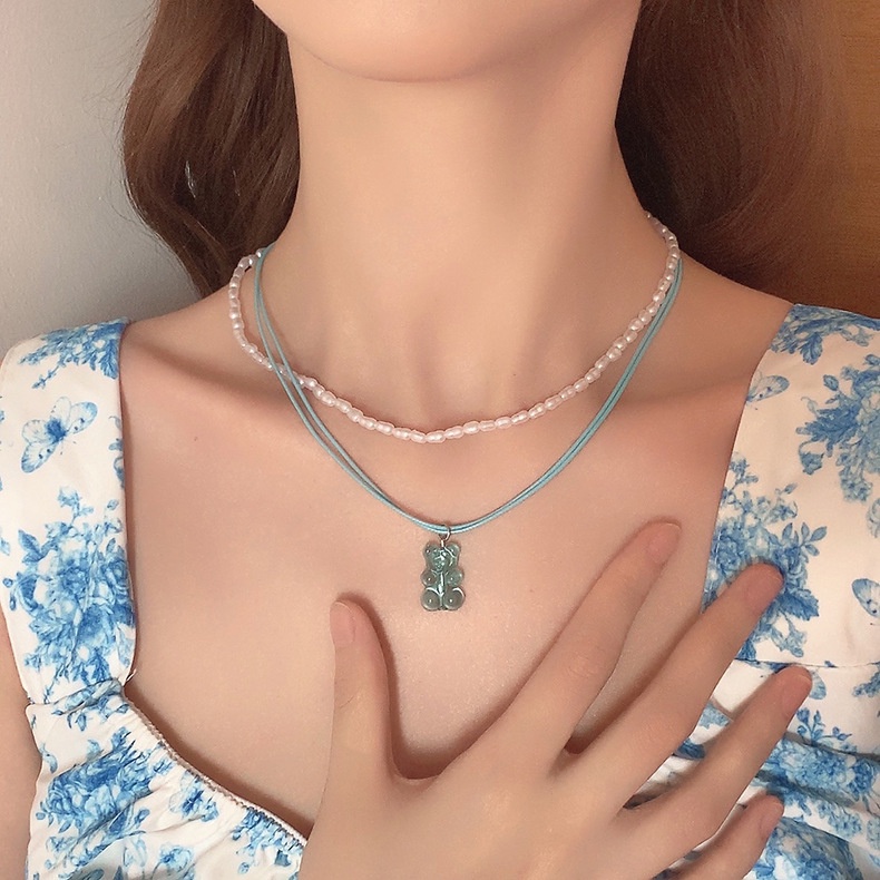 Vòng cổ Hai Lớp Đính Ngọc Trai Nhân Tạo Hình Gấu Hồng