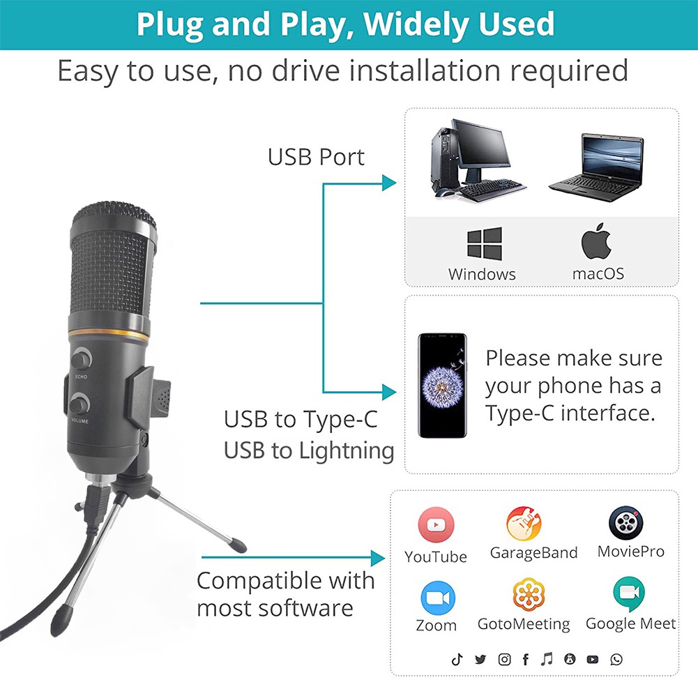 BM800 condenser microphone USB microphone computer recording microphone with tripod，Multifunctional Wired Cardioid Mic