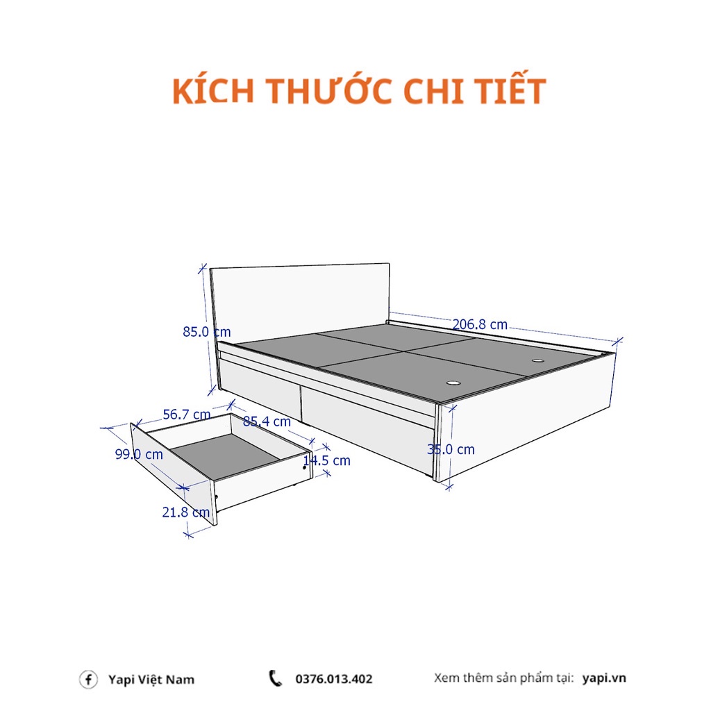Giường Ngủ 2 Hộc Tủ Kéo Cao 35cm LẮP ĐẶT TẬN NHÀ YAPI-501