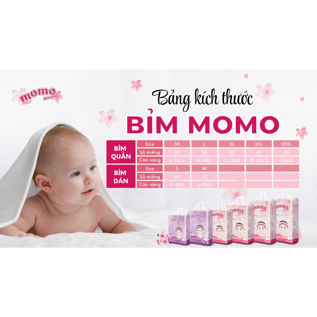 COMBO 2 bich bỉm tã dán/quần MOMO DIAMOND ORGANIC S128/ M120/L108/XL100/XXL96/XXXL92 tinh chất hoa anh