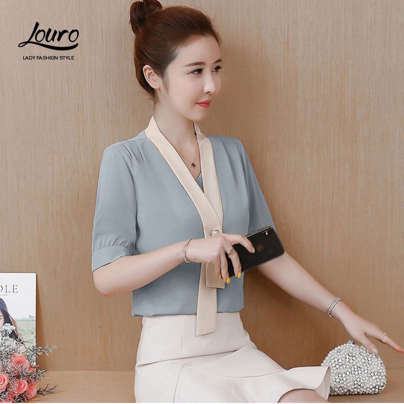 Áo kiểu nữ công sở Louro L208,ảnh thật shop chụp mẫu áo sơ mi tay ngắn cổ chữ V, chất liệu voan mềm mại, nhẹ nhàng