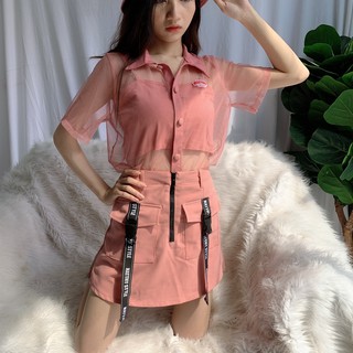 Áo lưới cổ sơ mi màu hồng