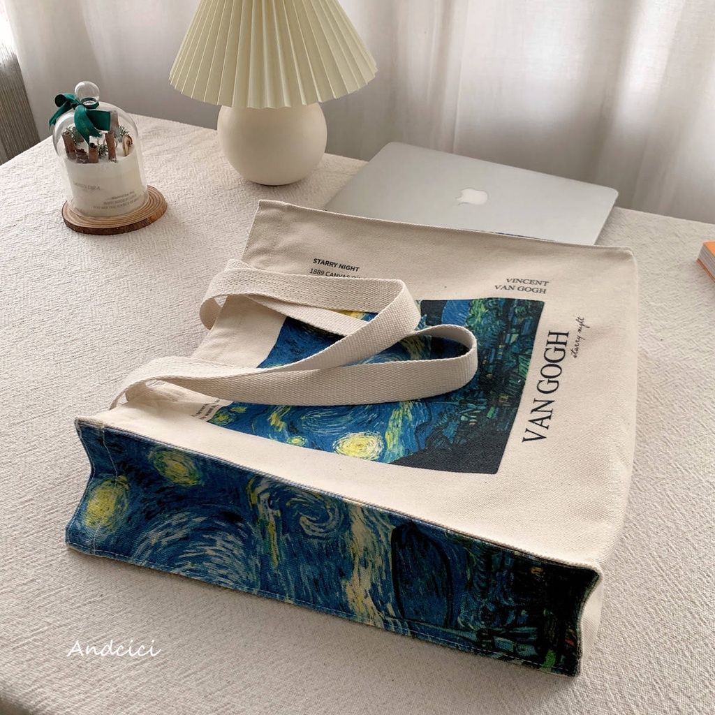 Túi Canvas. Túi Xách Đeo Vai Vải Canvas Cotton In Tranh Sơn Dầu Van Gogh Phối Khóa Kéo Cá Tính Cho Nam Và Nữ