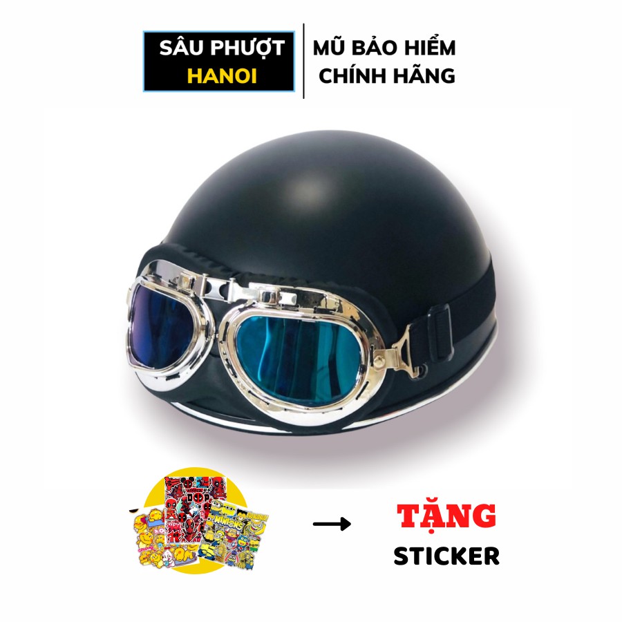 Mũ bảo hiểm nửa đầu 1/2 chính hãng màu đen kèm kính UV kính phi công, nón bảo hiểm 1 phần 2 freesize - Sâu Phượt Hanoi