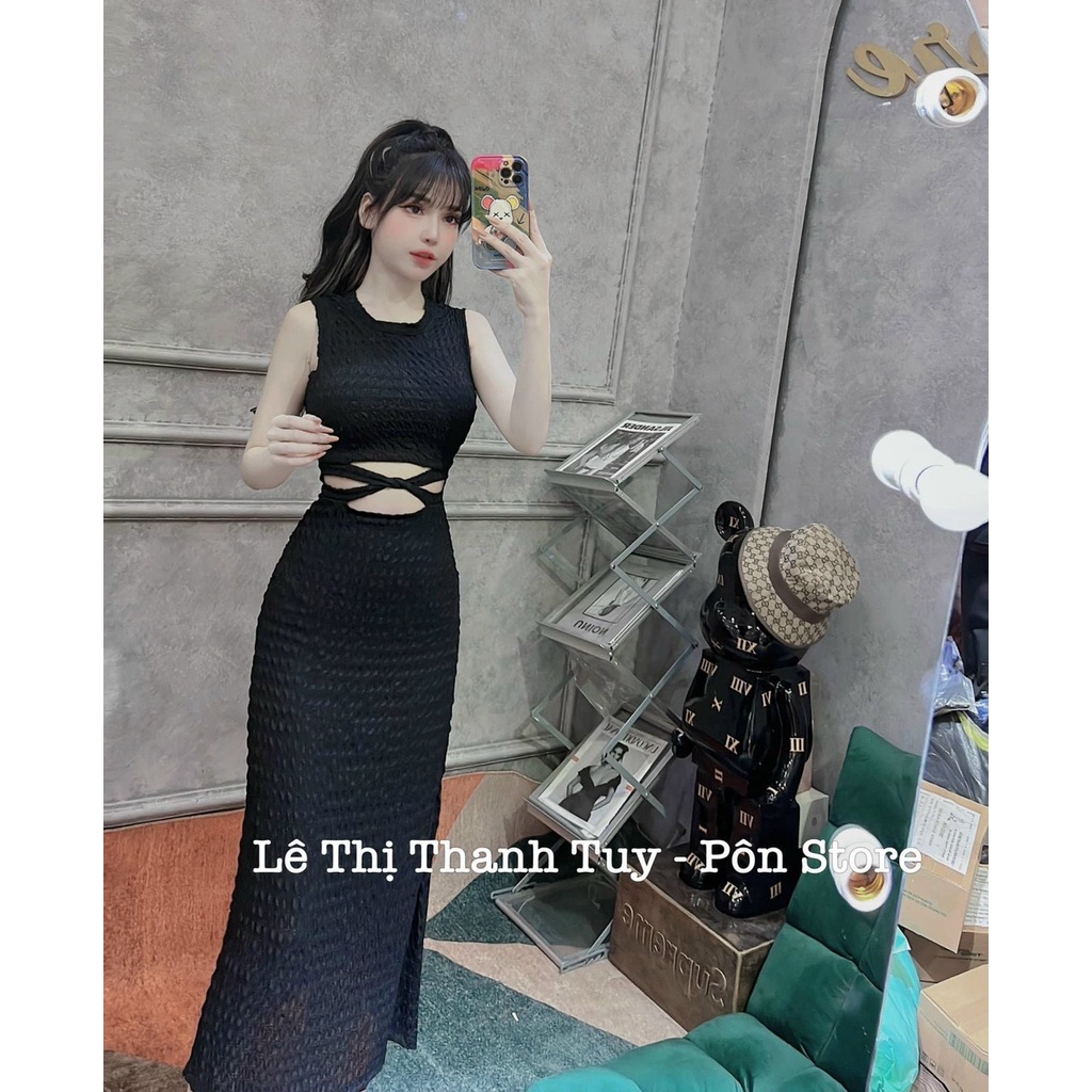 Đầm body nữ ba lỗ sát nách dáng dài khoét eo chéo dây tôn dáng MS5580