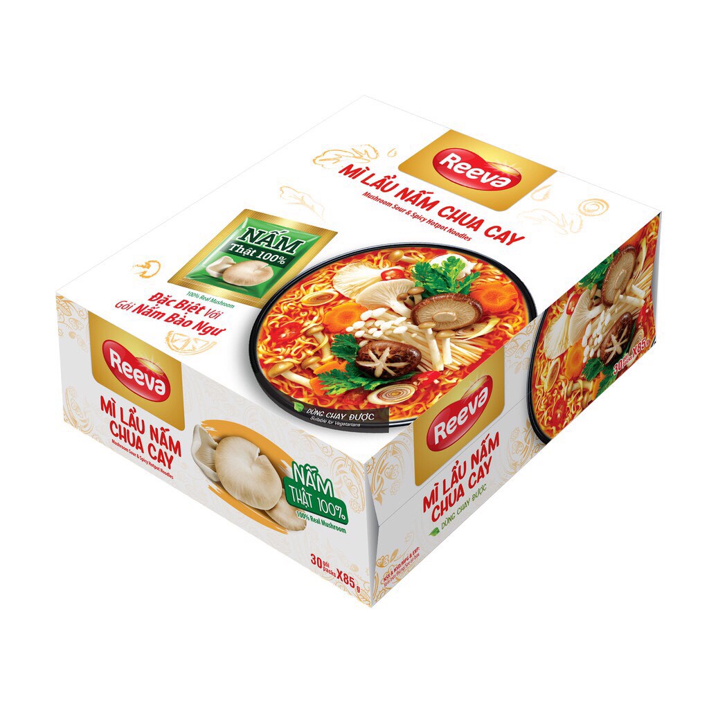 THÙNG 30 GÓI 85G MỲ LẨU NẤM BÀO NGƯ CHUA CAY REEVA DÙNG CHAY ĐƯỢC