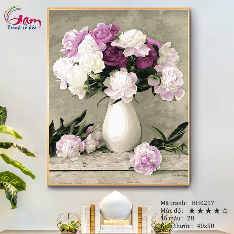 Tranh sơn dầu số hoá hoa cát tường căng khung 40x50cm BH0217