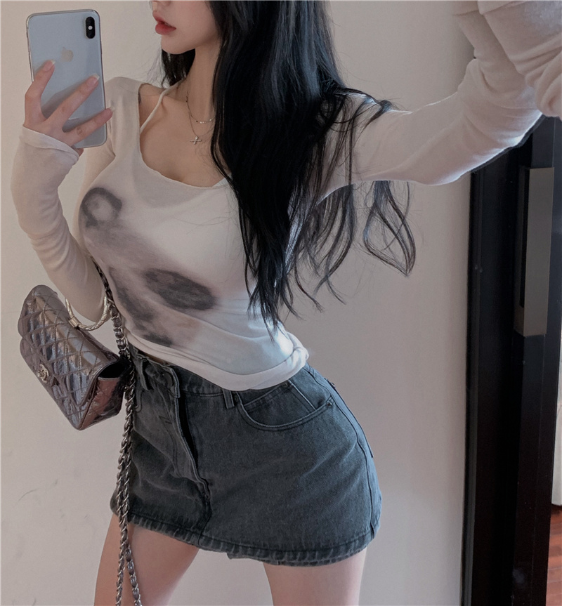 Áo thun tay dài dáng ôm phối màu nhuộm thời trang Hàn Quốc dành cho nữ