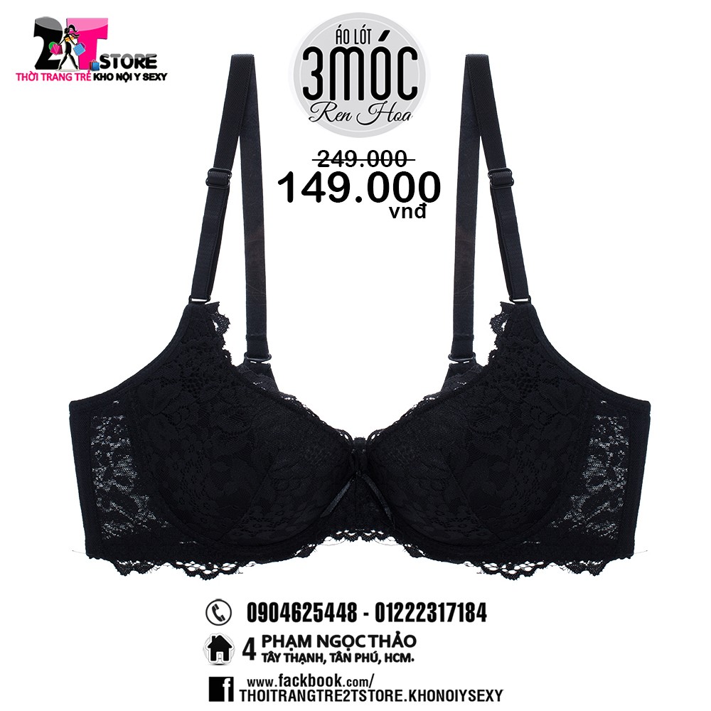 Áo Nâng Ngực Cotton 3 Móc Phối Ren (Đen)