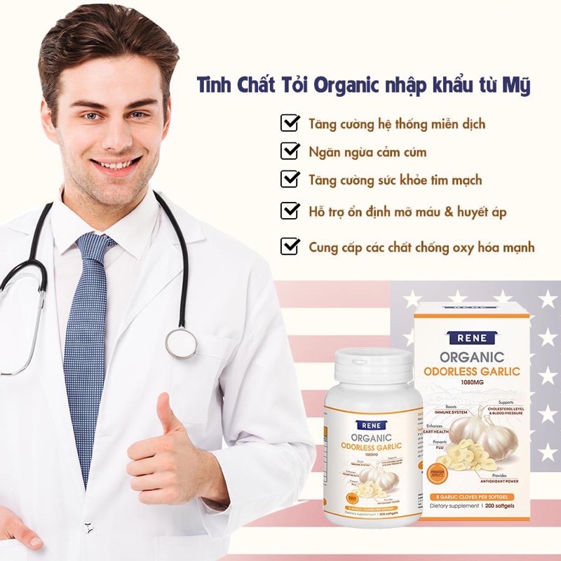 Tinh dầu Tỏi hữu cơ khử mùi RENE Organic Odorless Garlic 1080 mg chai 200 viên từ Mỹ USA