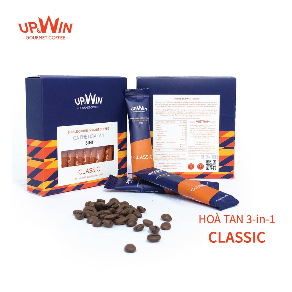 Cà phê hoà tan ❤️ UP and WIN Coffee ❤️ Cafe 3in1 Classic hộp 10 que 16 gram