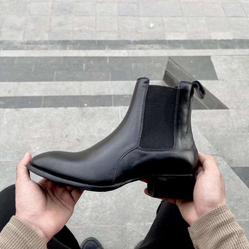 Giày (Bốt Nam) Chelsea Boots  Da Bò Đế Gỗ Cao 4cm BH 12 Tháng