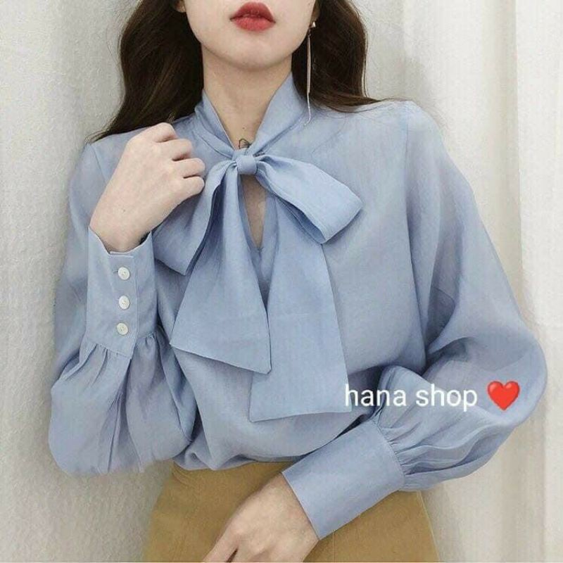 Áo sơ mi tay bồng Gen J cổ nơ khuy ngọc tiểu thư nhiều màu sắc, áo sơmi tay dài - Somi01