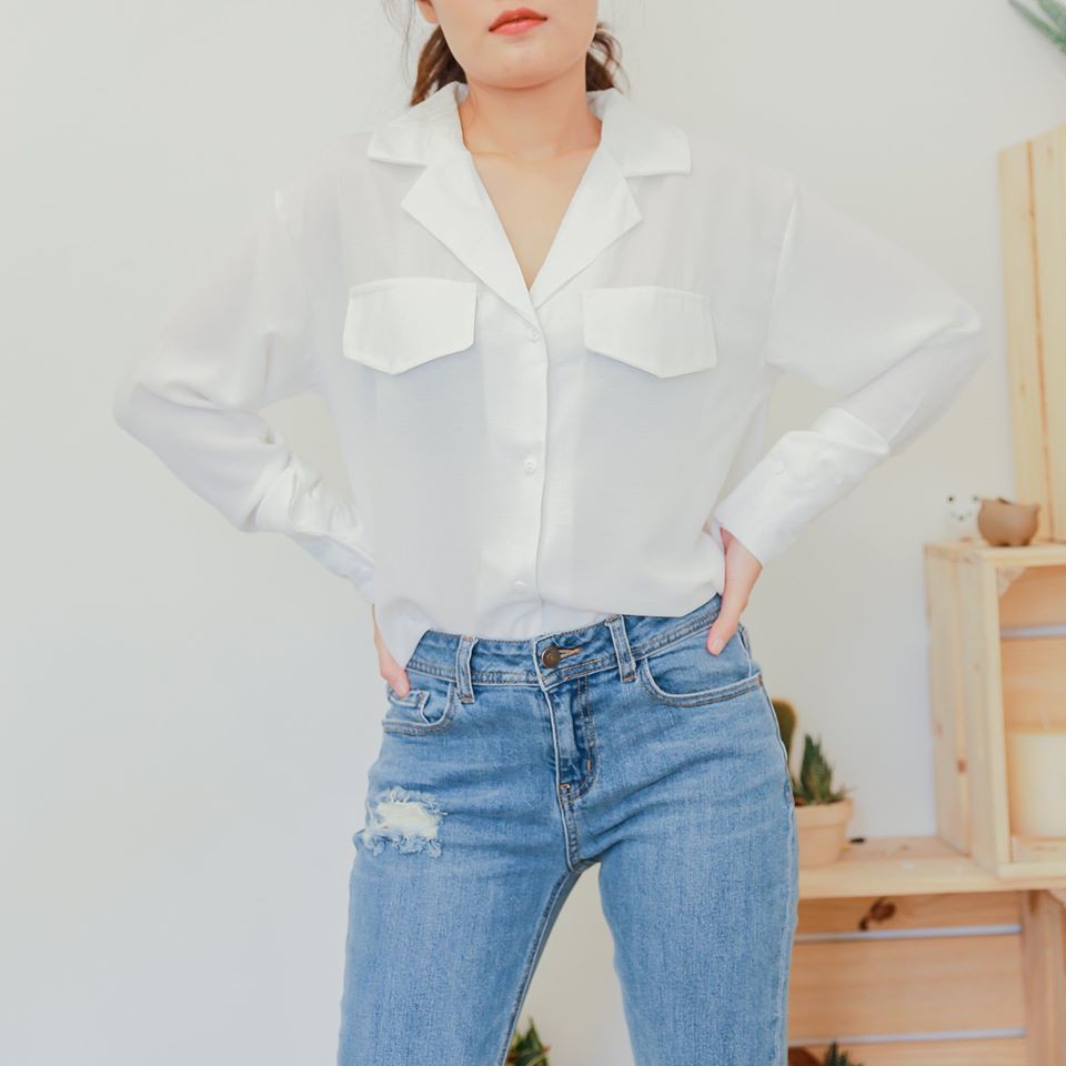 Sơ mi nữ tay dài hai túi giả cá tính, phong cách