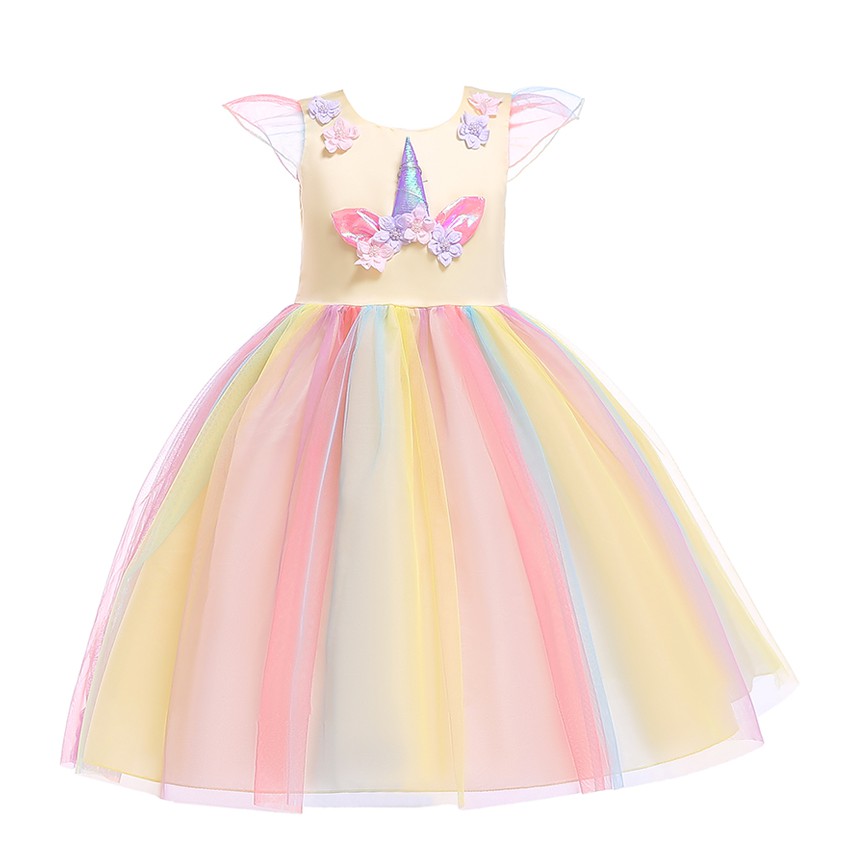 Đầm xòe vải lưới thiết kế kỳ lân hoạt hình phong cách công chúa dành cho bé gái