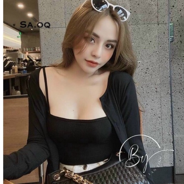 Sét áo 2 dây kèm khoác xinh - Sét áo 2 dây+áo cadigan thun gân alohashop91