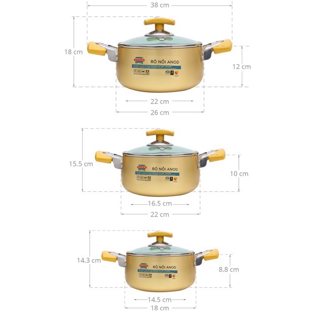 Bộ 3 nồi Anod Sunhouse SH8834 Siêu Bền Đẹp