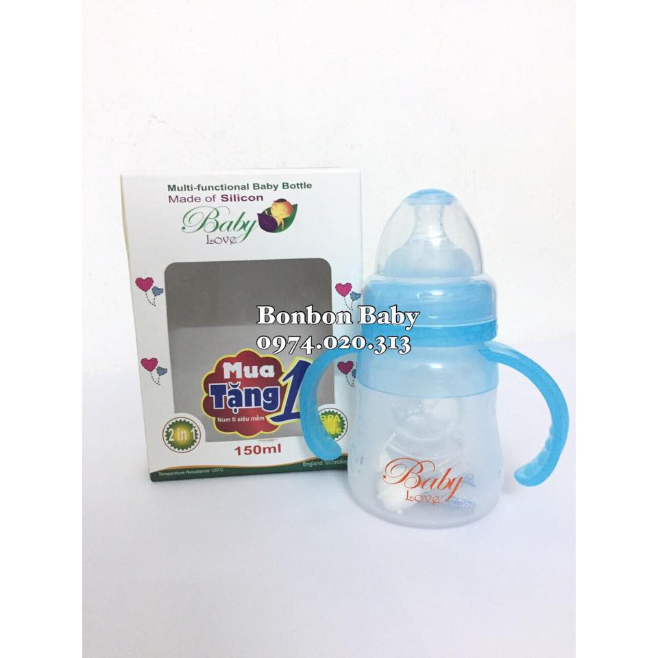 Bình sữa silicone Baby Love 150ml kèm thìa ăn dặm và van chống sặc cho bé( tặng thêm 1 núm ti mềm)