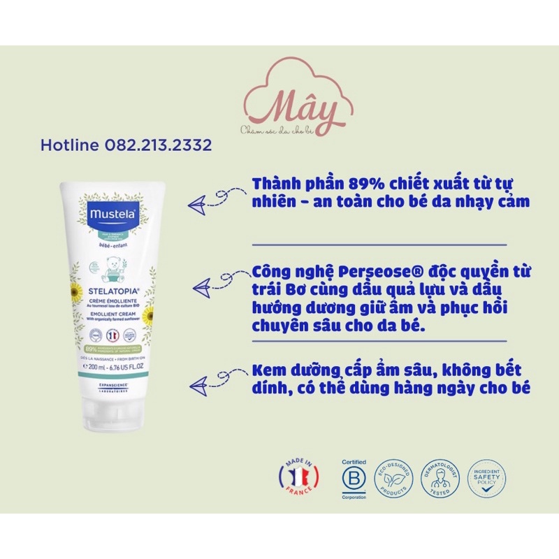 [Nhập khẩu chính hãng] Kem dưỡng cho bé da nhạy cảm - chàm sữa Viêm Da cơ địa Mustela Stelatopia Emollient Cream 200ml