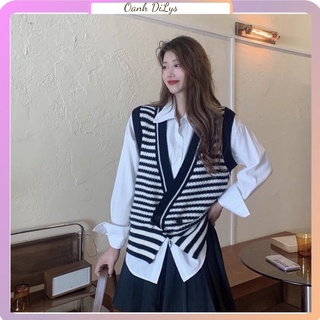 Áo len gile nữ, áo gile len sọc ngang có khuy cài order taobao đồ ulzzang Hàn Quốc 2021