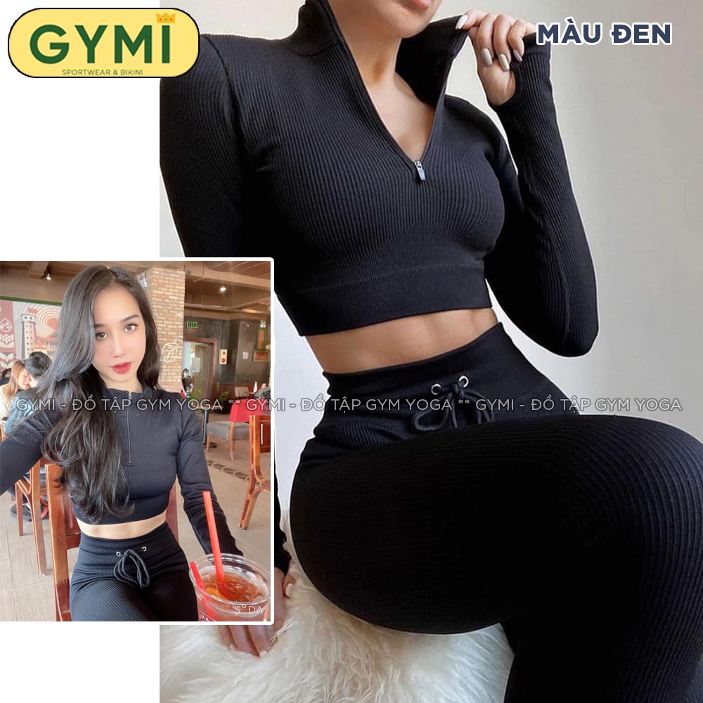 Set bộ đô tập gym yoga nữ GYMI SET29 dáng Botee thể thao gồm áo croptop dài tay và quần legging chất thun gân