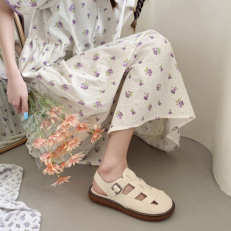 Giày sandal IELGY bằng da PU bít mũi phong cách La Mã có thể điều chỉnh cho nữ