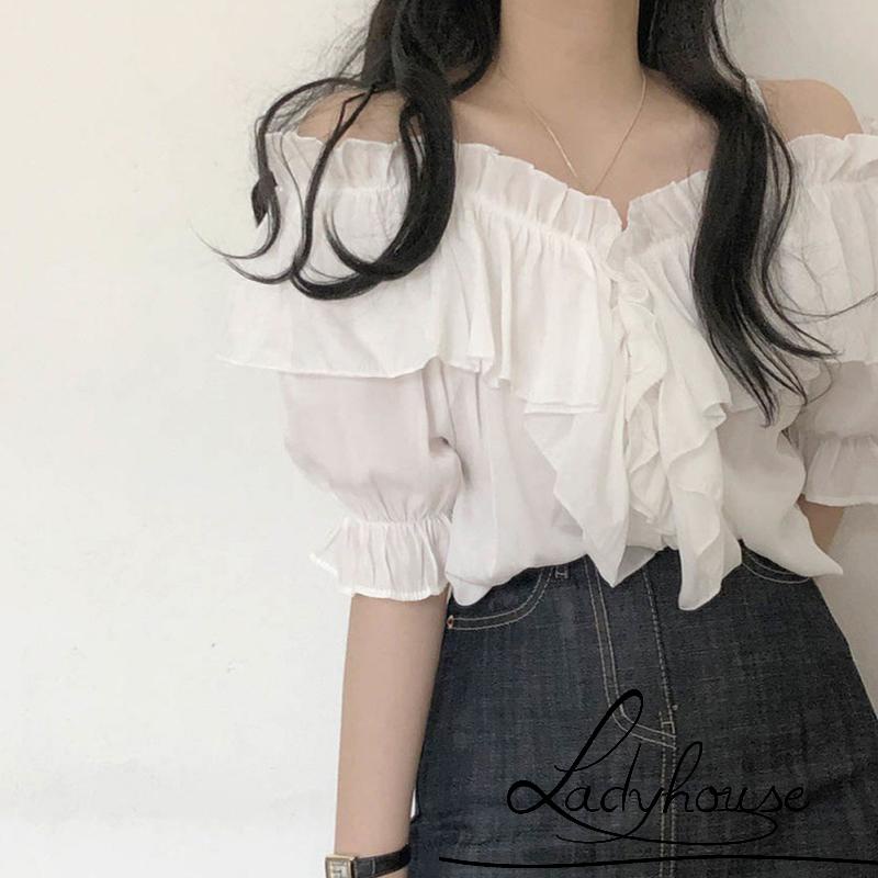 Áo Kiểu Trễ Vai Tay Ngắn Màu Trơn Thời Trang Mùa Hè Cho Nữ