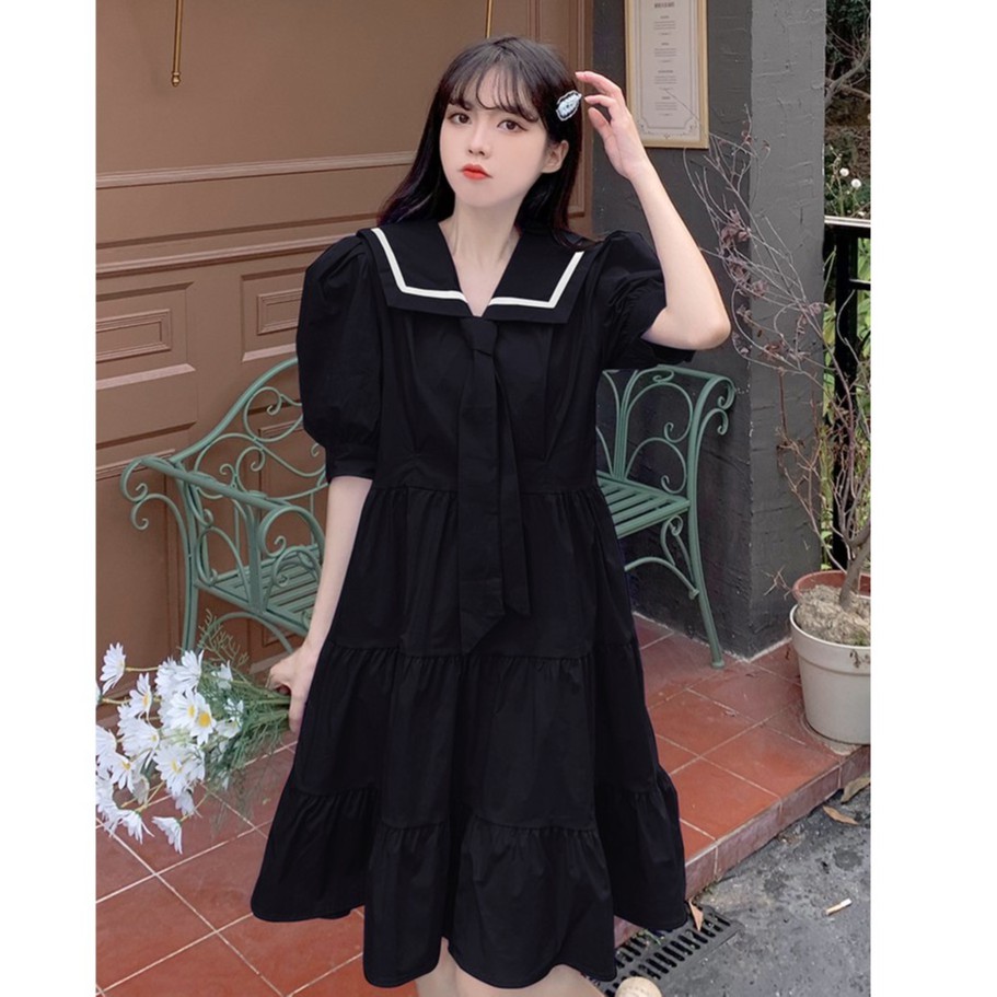 Đầm Babydoll Bèo Tầng Cổ Áo Thủy Thủ Thắt Cà Vạt
