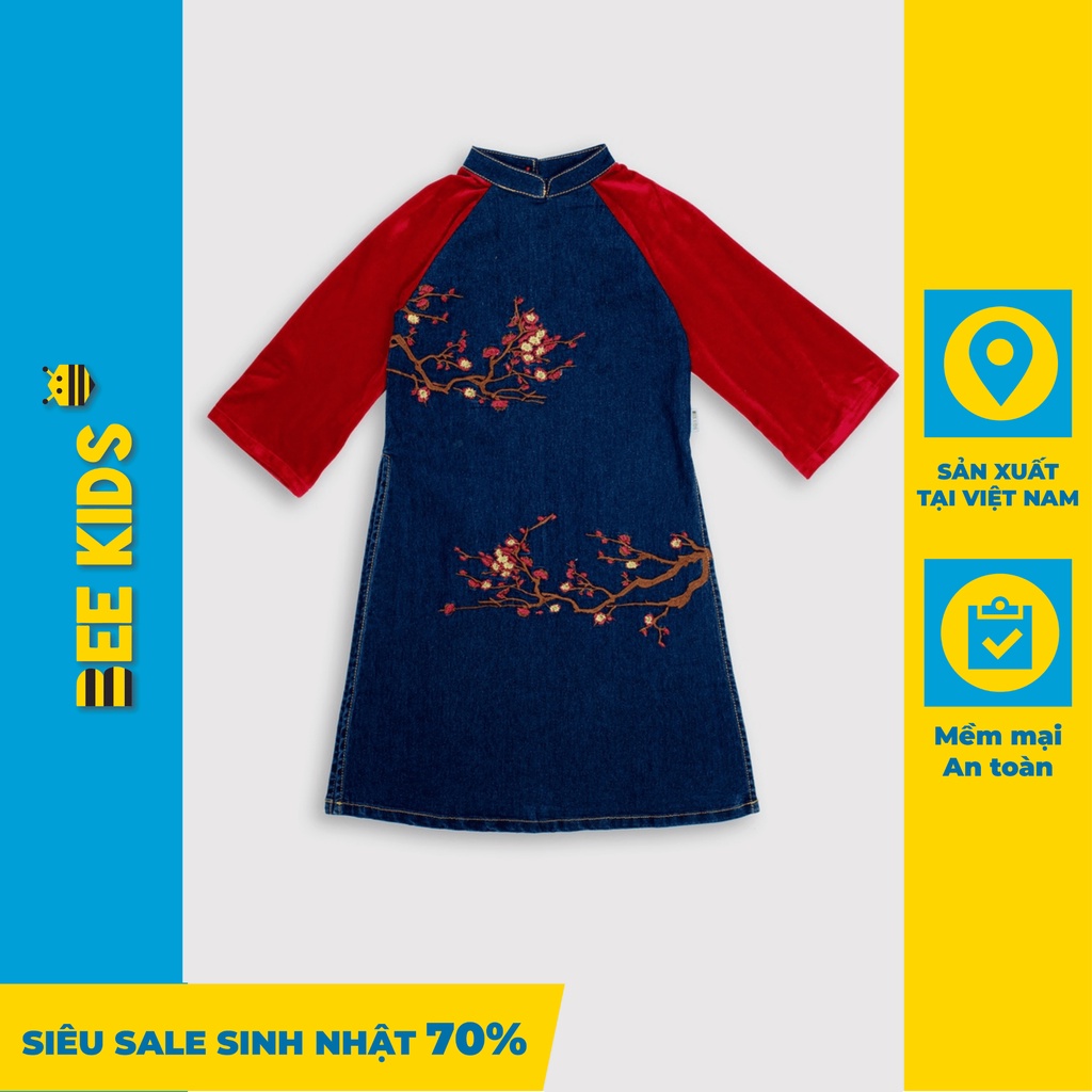 Áo Dài Cho Bé Gái 2-12 Tuổi Bee Kids Chất Jean Mịn Co Dãn Họa Tiết Thêu Phong Cách Tay Bo Phối Nhung 7AJ01546DX