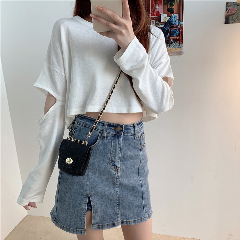 SUXI Áo Thun Dệt Kim Tay Dài Cổ Tròn Lưng Cao Thời Trang Mùa Thu Hàn Quốc Cho Nữ