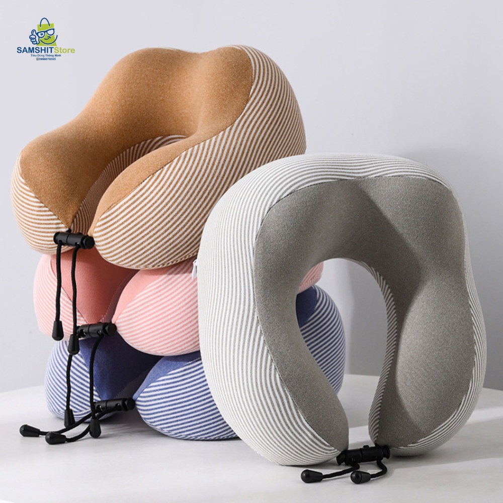 Gối Kê Cổ Chữ U Cao Su Non (Memory Foam) Cotton Kẻ Trang Nhã Cho Dân Văn Phòng, Ô Tô, Máy Bay, Du Lịch, Học Sinh