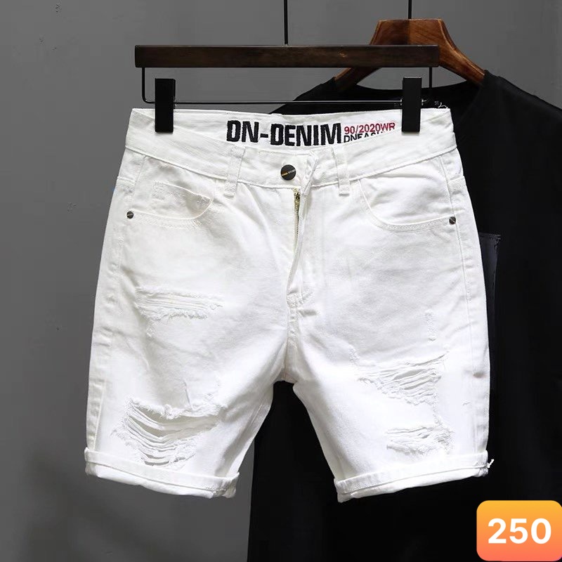 Quần short jean nam lavado màu trắng trơn rách chất jeans bò cao cấp c